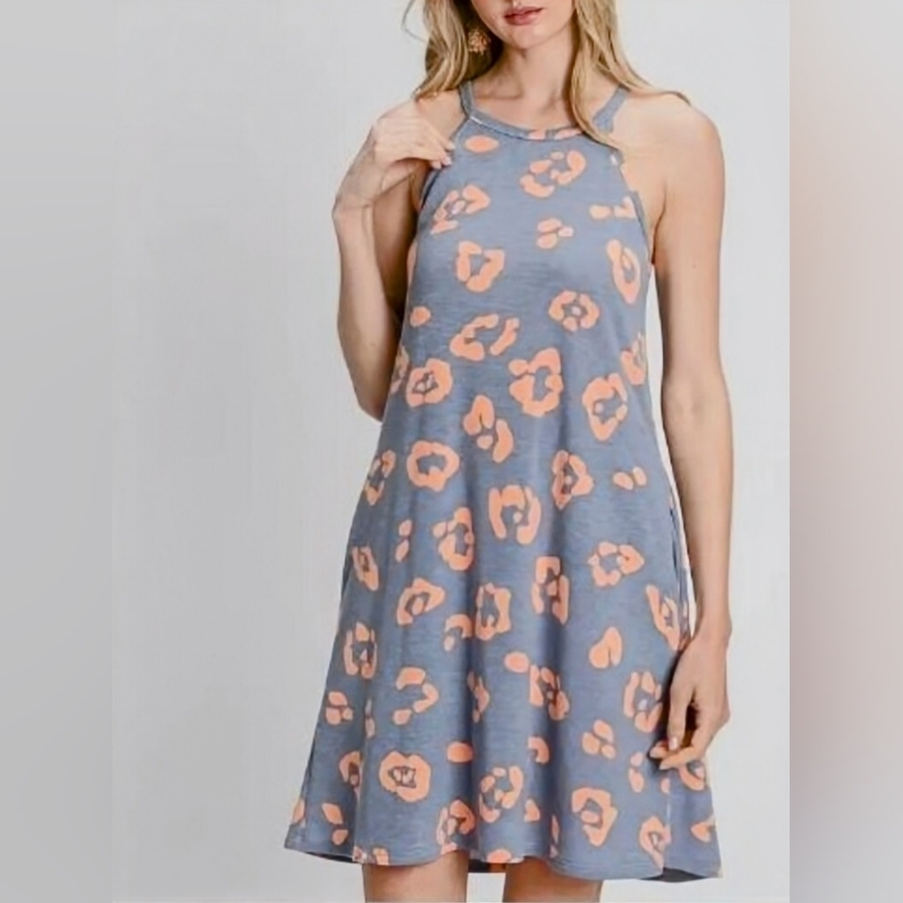 #423 Jade by Jane- Demin blue n Peach Animal Print Tank dress- Size: 3X